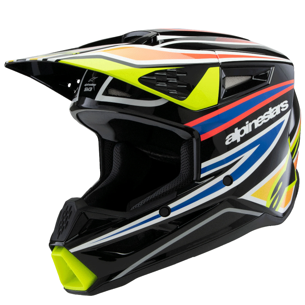 Black motocross helmet with colorful accents on a black background