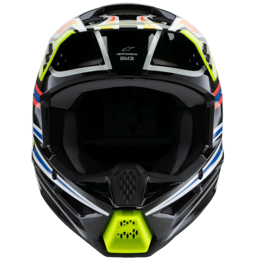 A full-face off-road motorcycle helmet shown from the front on a solid white background. The helmet features a black base with white, blue, and neon yellow graphic accents.