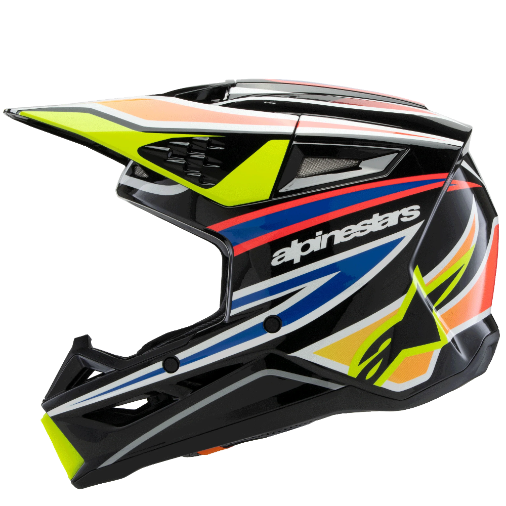 Alpinestars full-face motocross helmet in black with vibrant neon yellow, orange, blue, and white graphic accents, shown from a three-quarters angle on a plain white background.
