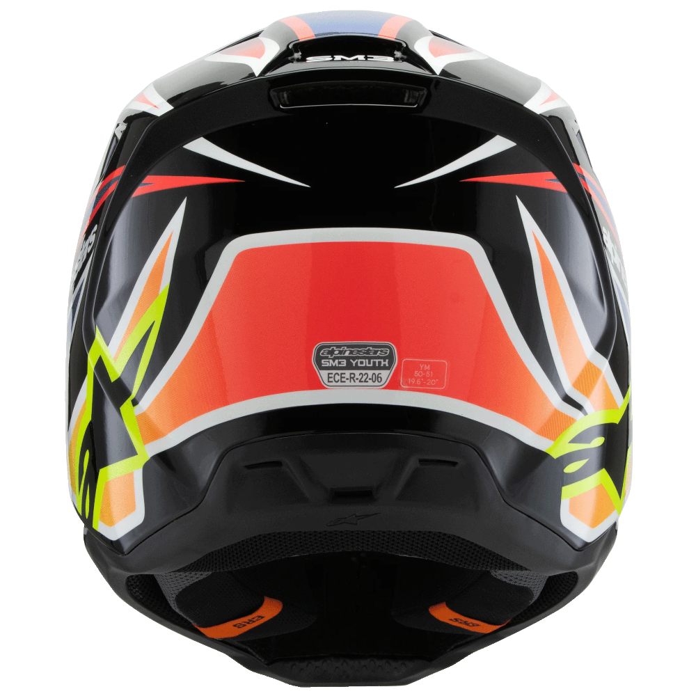 A rear view of a full-face motorcycle helmet with a glossy black base, featuring a prominent orange and red graphic on the rear window, white accents, and lime green details, set against a plain white background.