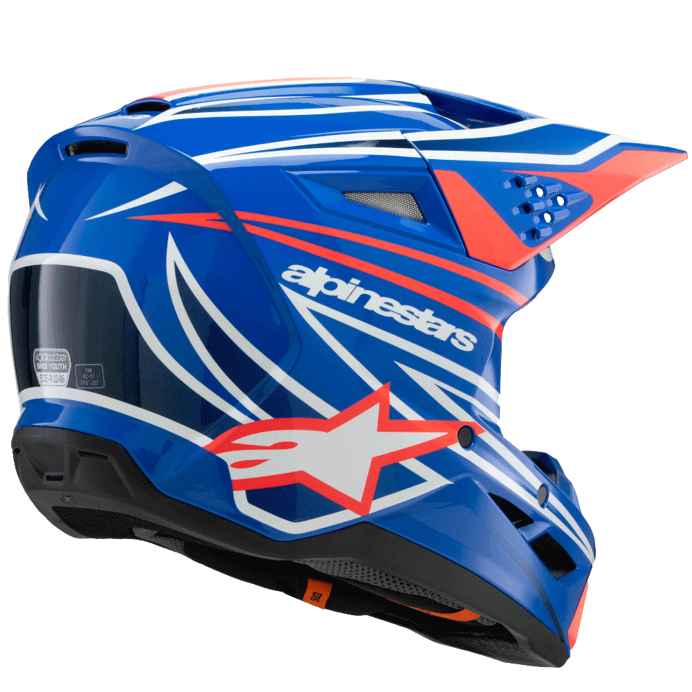 Alpinestars full-face motocross helmet in blue with white and orange graphics, featuring the brand's star logo on the side.
