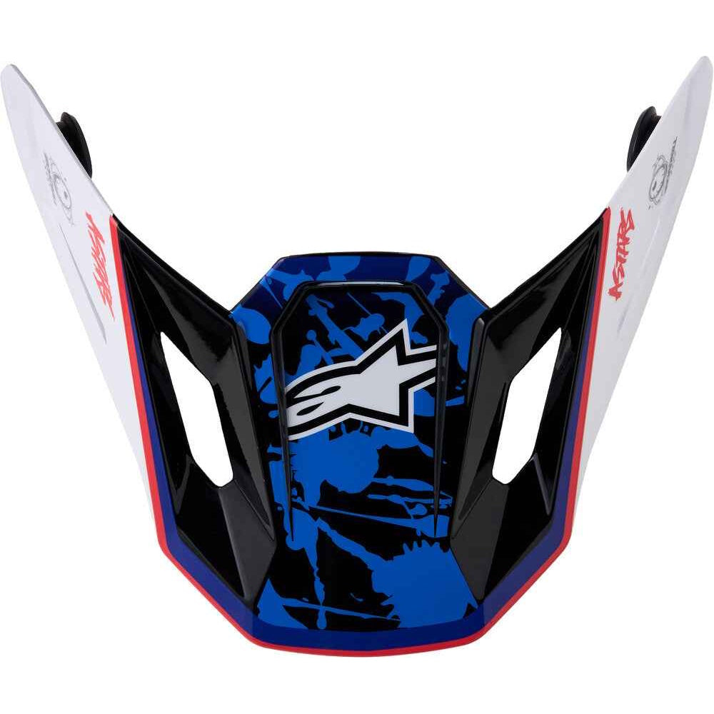 Alpinestars motocross face guard in blue, black, and white with a red accent stripe, featuring the brand's star logo in the center.