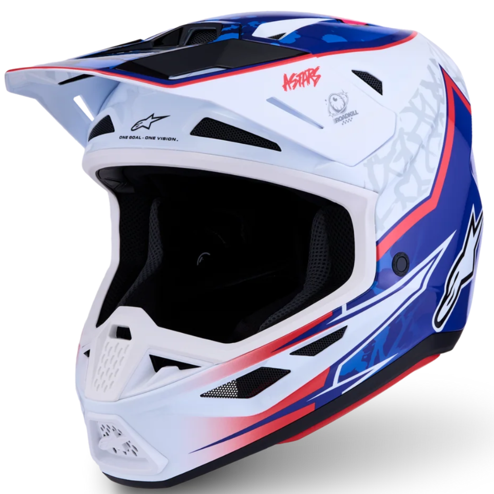 A full-face motocross helmet in a white, blue, and red color scheme, featuring Alpinestars branding and a red K&N brand logo on the forehead, set against a plain white background.