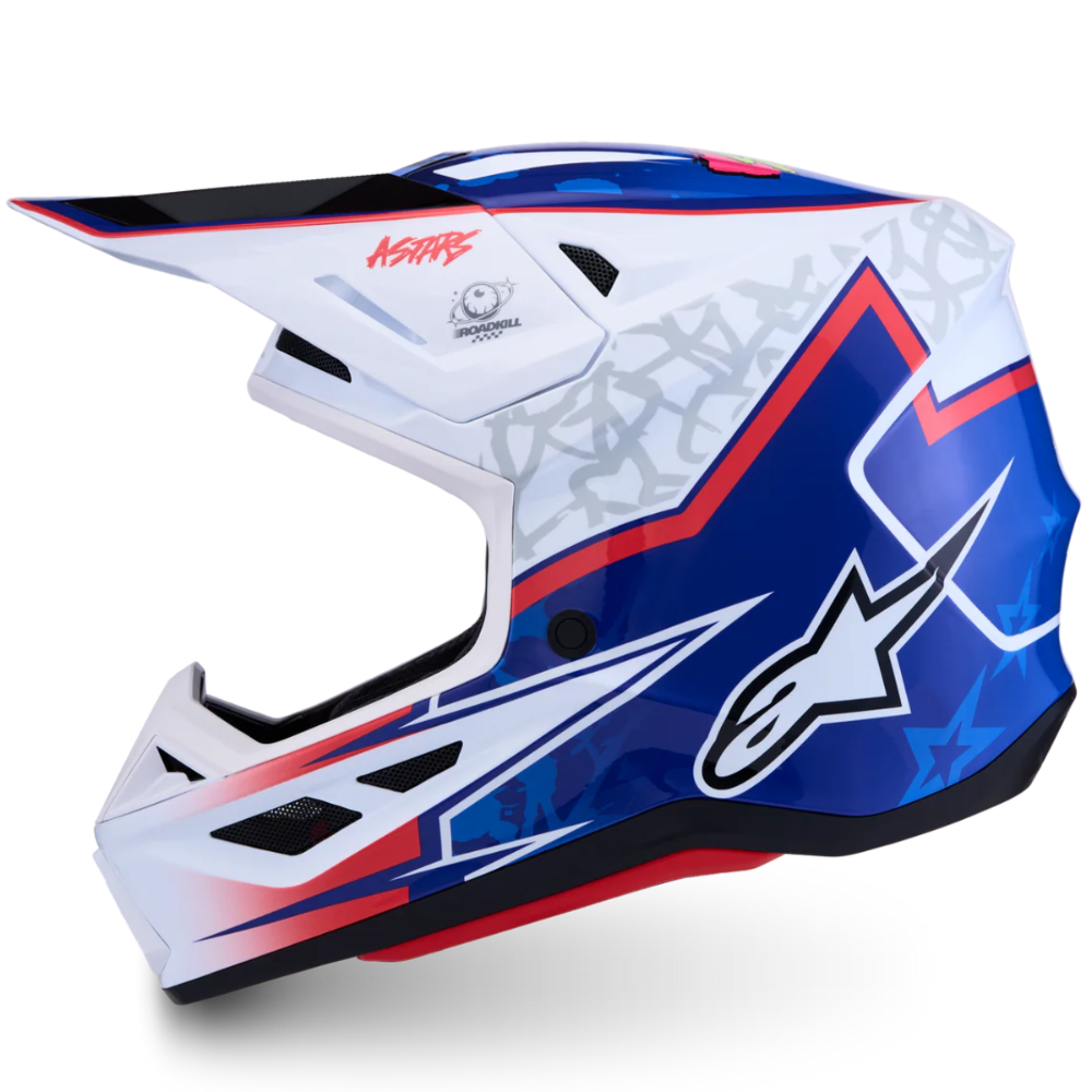Alpinestars Kicks motocross helmet in a white, blue, and red color scheme, featuring the Alpinestars logo and a patterned design on a white background.