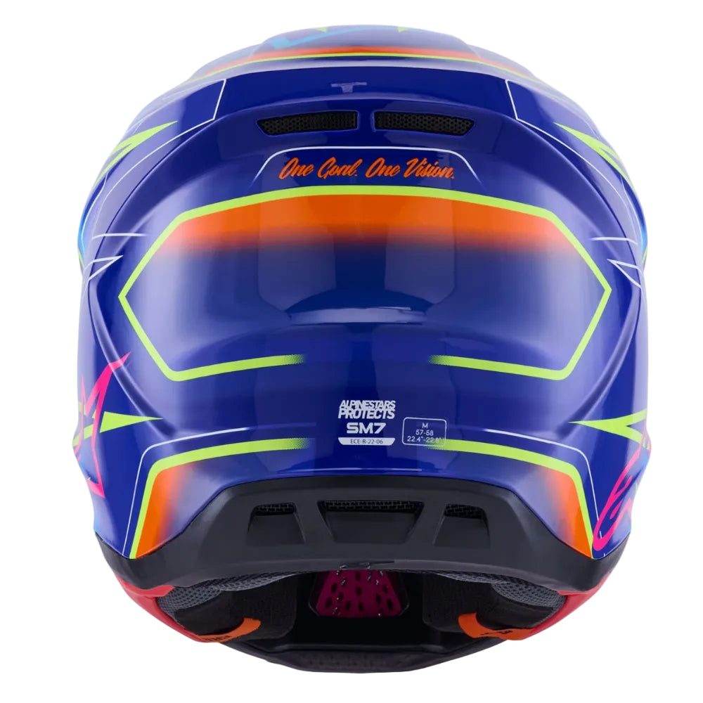 A rear view of a blue full-face motorcycle helmet with a clear visor, featuring neon lime green, orange, and pink graphic accents, and the 'One Cool. One Vision' logo on the forehead.