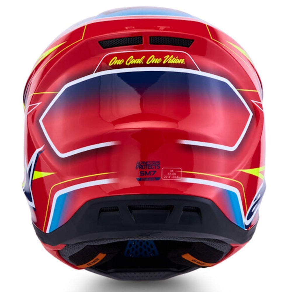 A red full-face motocross helmet shown from the rear, featuring blue and yellow graphics, a blue-to-purple gradient visor, and the text 'Don't Crawl, Don't Die' on a clean white background.