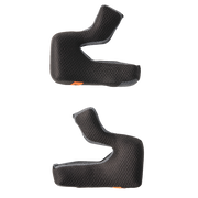 Two black motorcycle helmet cheek pads shown from different angles on a solid white background.