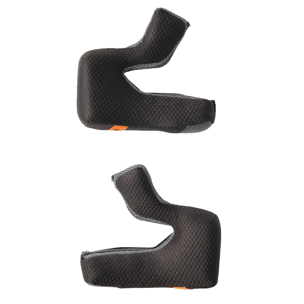 Two black motorcycle helmet cheek pads shown from different angles on a solid white background.