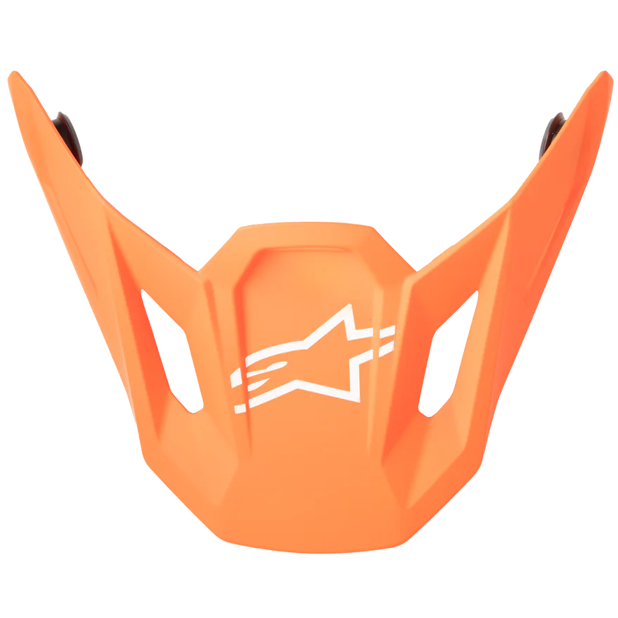 An orange motocross or off-road peak visor with a white Alpinestars logo in the center, shown against a plain white background.