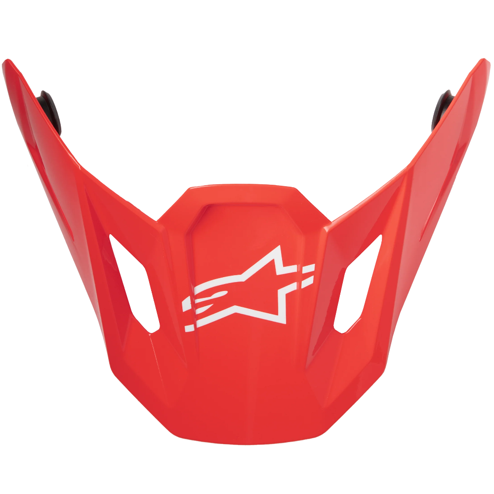A bright red motocross or off-road peak visor with a white Alpinestars logo in the center, shown against a plain white background.