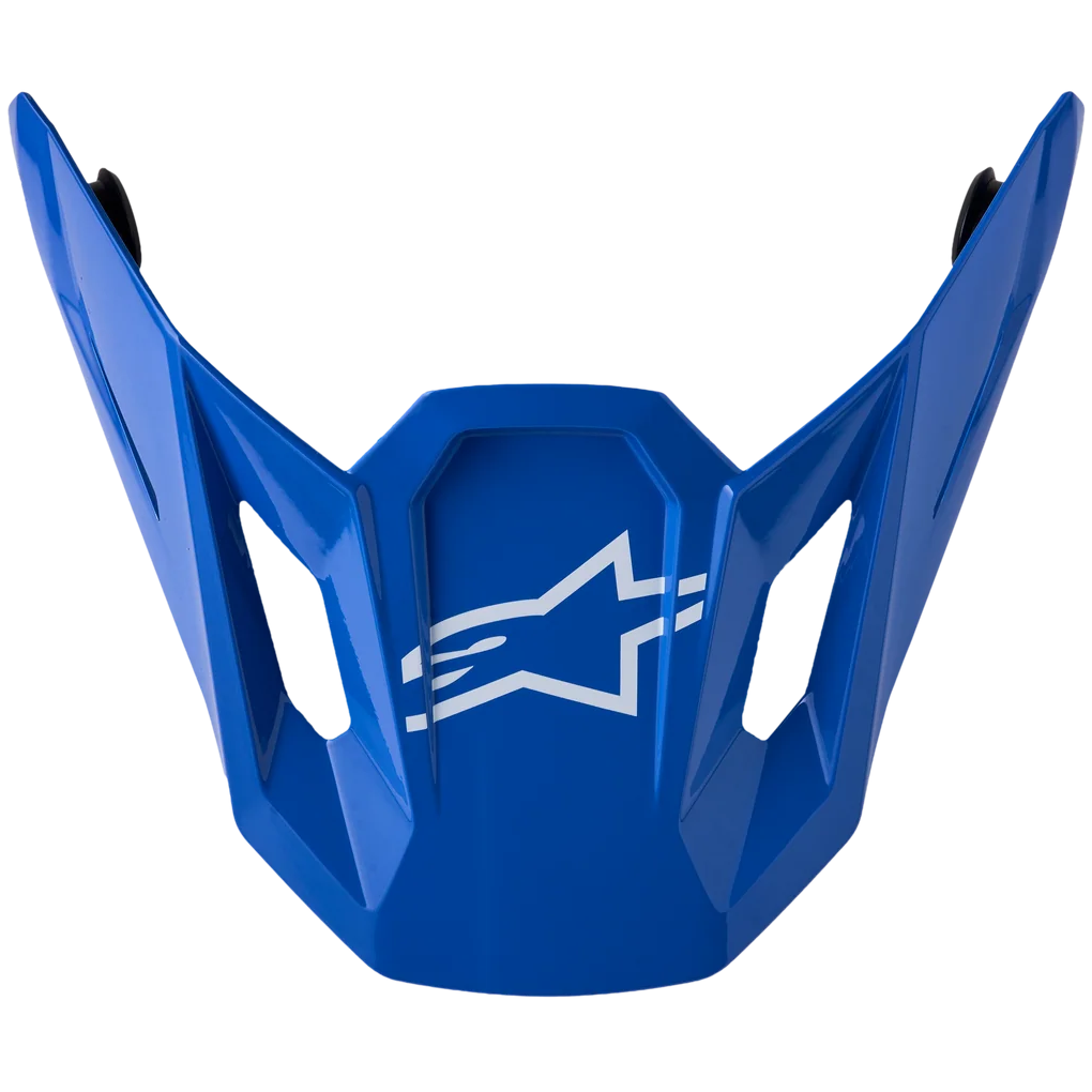 Blue Alpinestars motocross face guard with a white logo on the front, shown against a plain white background.