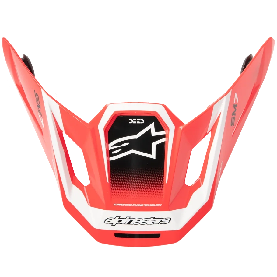 Alpinestars SM Red motocross helmet visor with white and black accents, featuring the Alpinestars logo on the front and side panels.