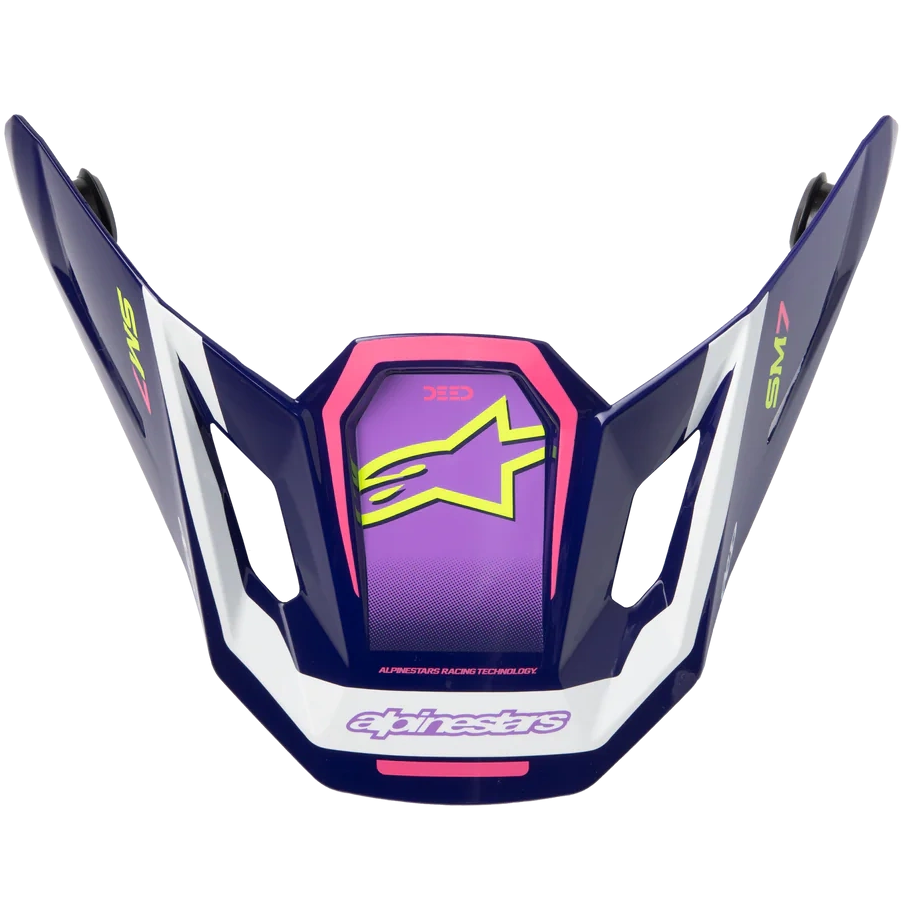 Alpinestars SM7 motocross helmet visor in navy blue, white, and pink with a purple center panel and neon yellow logo.