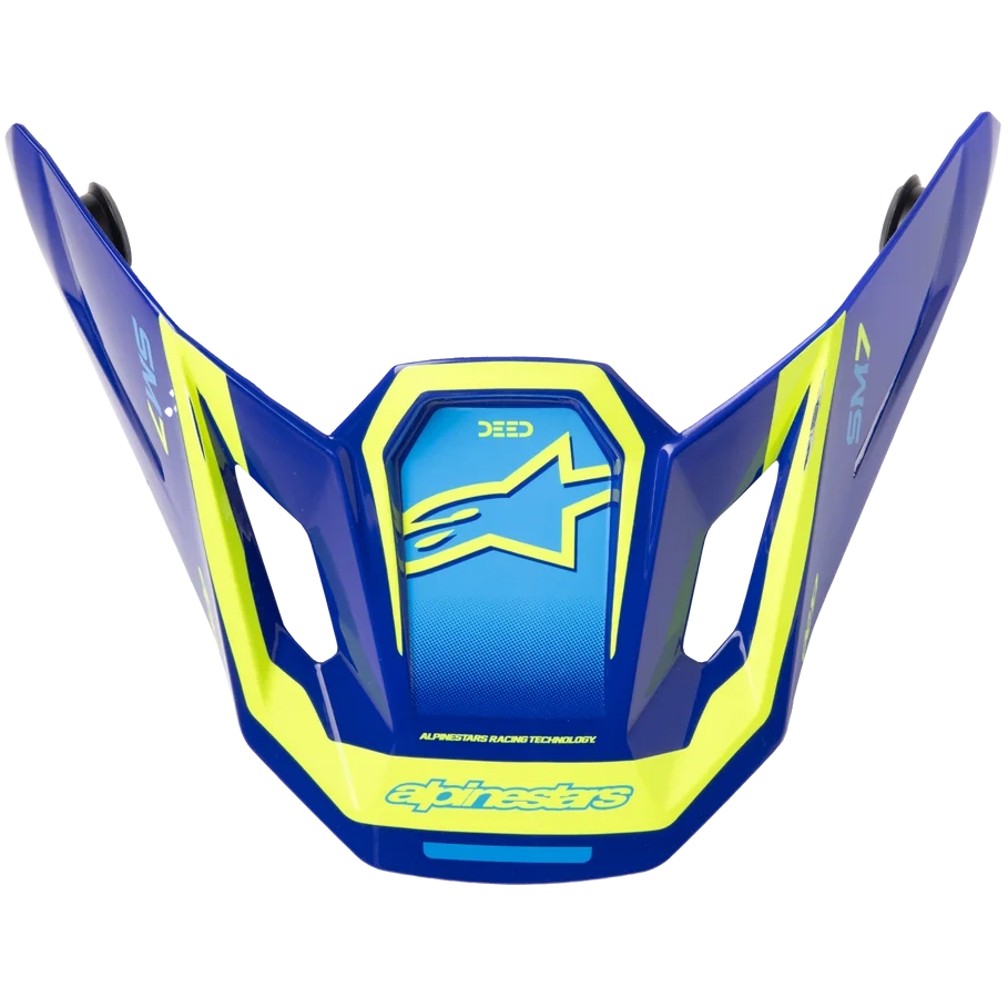 Alpinestars motocross helmet visor in blue and neon yellow, featuring the Alpinestars logo on the front.