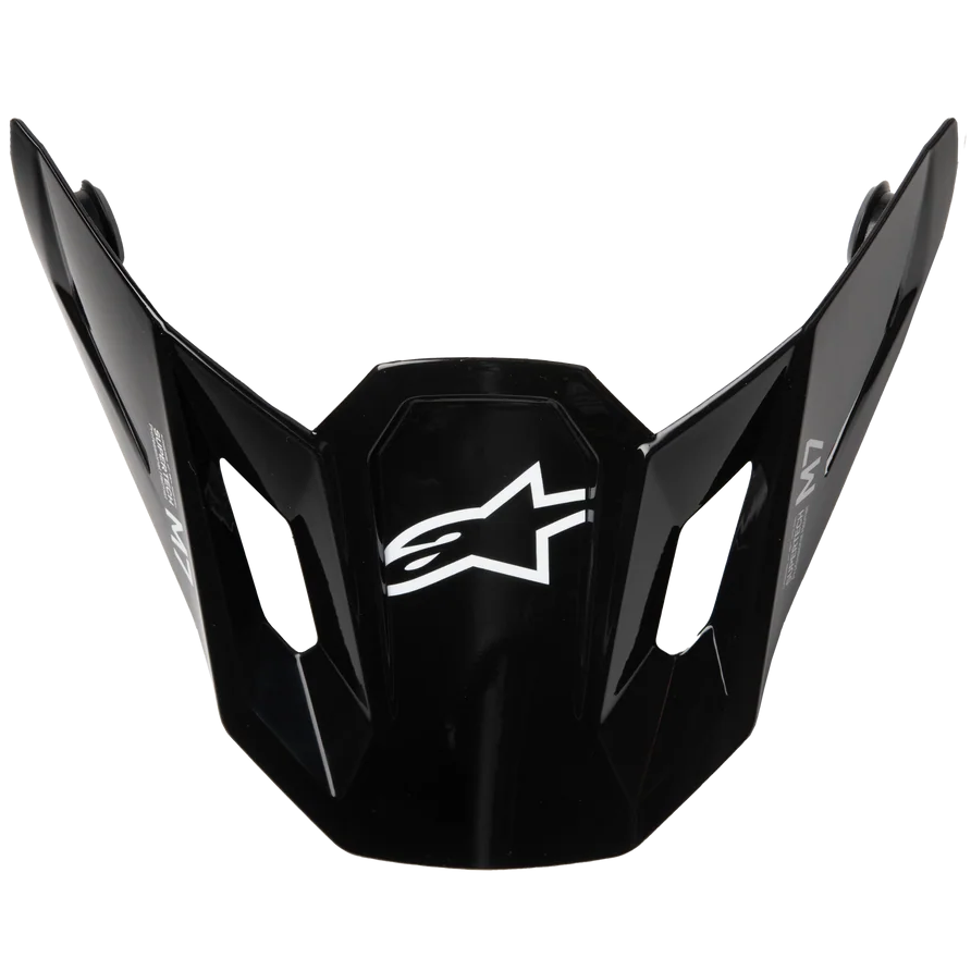 Black Alpinestars motocross helmet visor with a white star logo on the front, shown against a solid white background.