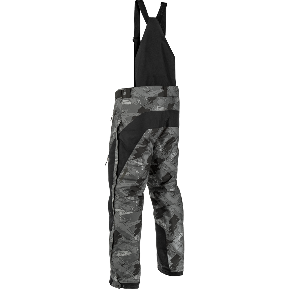 Black and gray camouflage bib snow pants with a solid black bib upper section, shown on a plain white background.