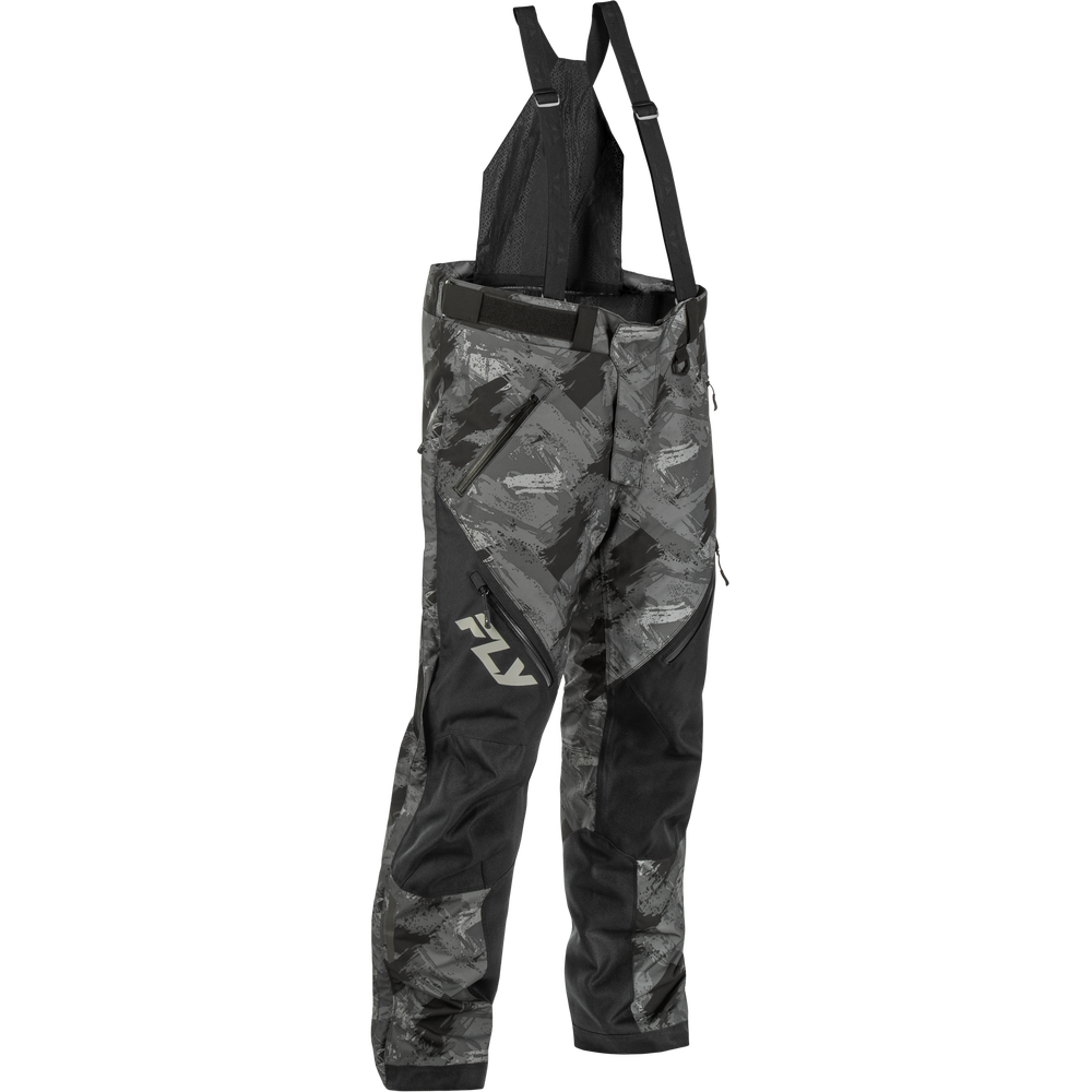 Black and gray camouflage bib snow pants with shoulder straps, featuring a prominent white FLY logo on the left thigh, shown against a plain white background.