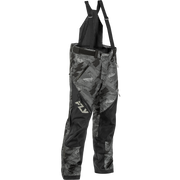 Black and gray camouflage bib snow pants with shoulder straps, featuring a prominent white FLY logo on the left thigh, shown against a plain white background.