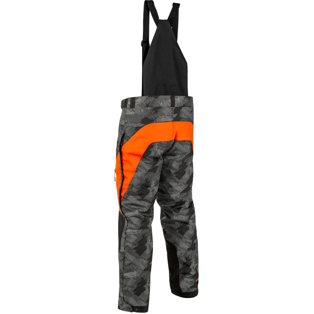 Black and gray camouflage bib overalls with bright orange side panels, shown against a plain white background.