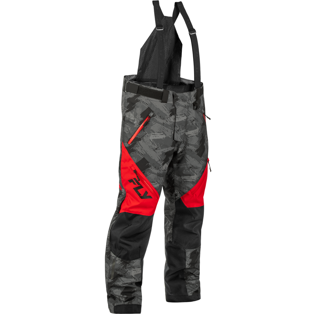 Gray and black camouflage snow bib pants with bright red side panels and a black Fly logo, shown on a plain white background.