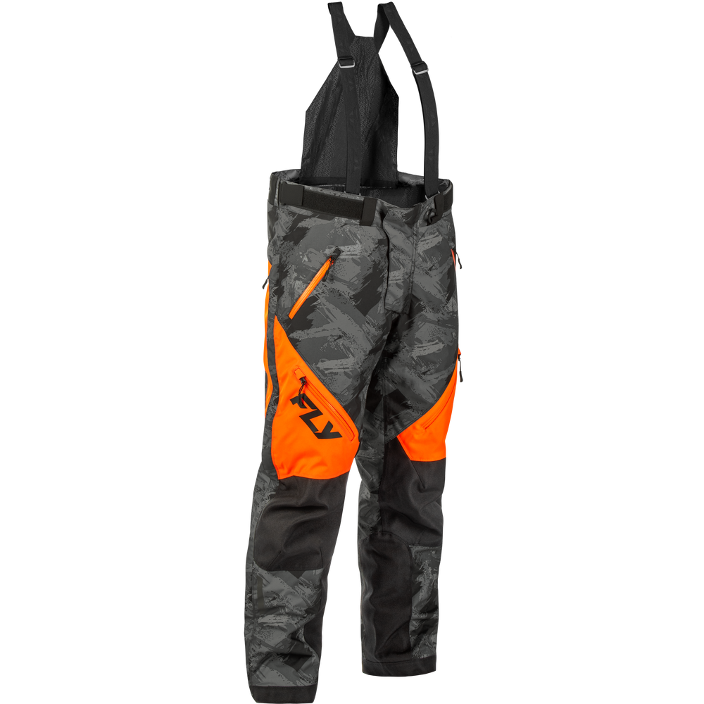 Black and gray camouflage bib pants with bright orange side panels and a black logo, shown against a plain white background.