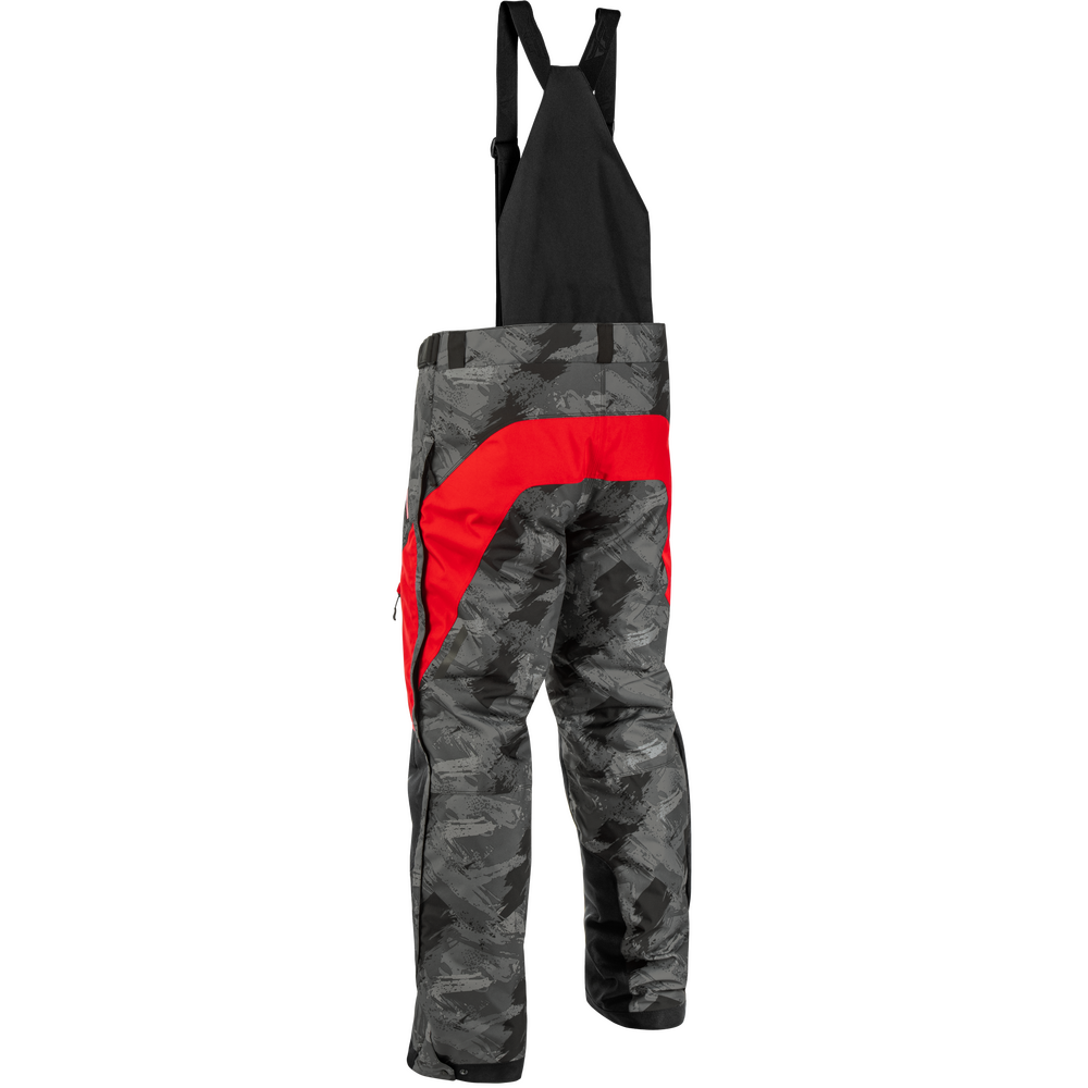 Black and gray camouflage bib snow pants with a bold red side panel, shown against a plain white background.
