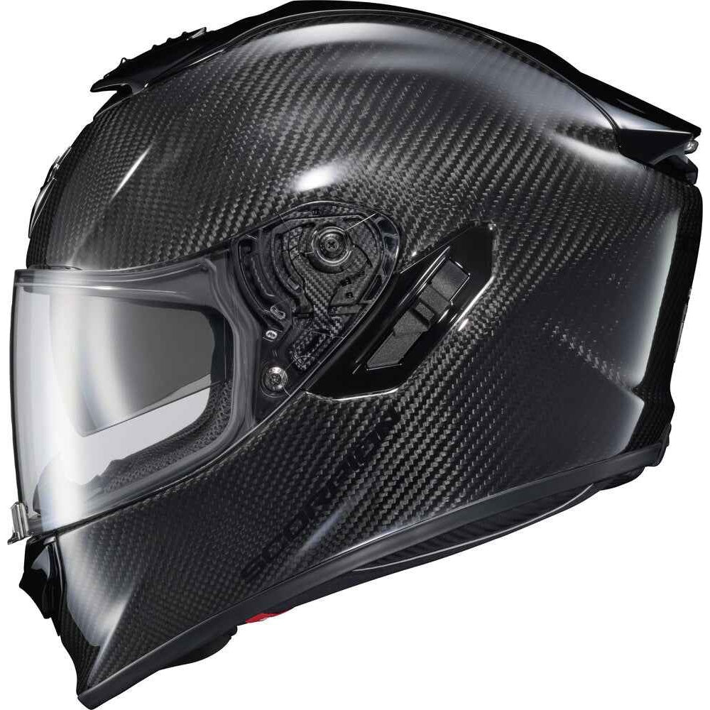 Carbon fiber motorcycle helmet with clear visor on a white background