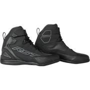 Pair of black high-top shoes with a brand logo on a white background