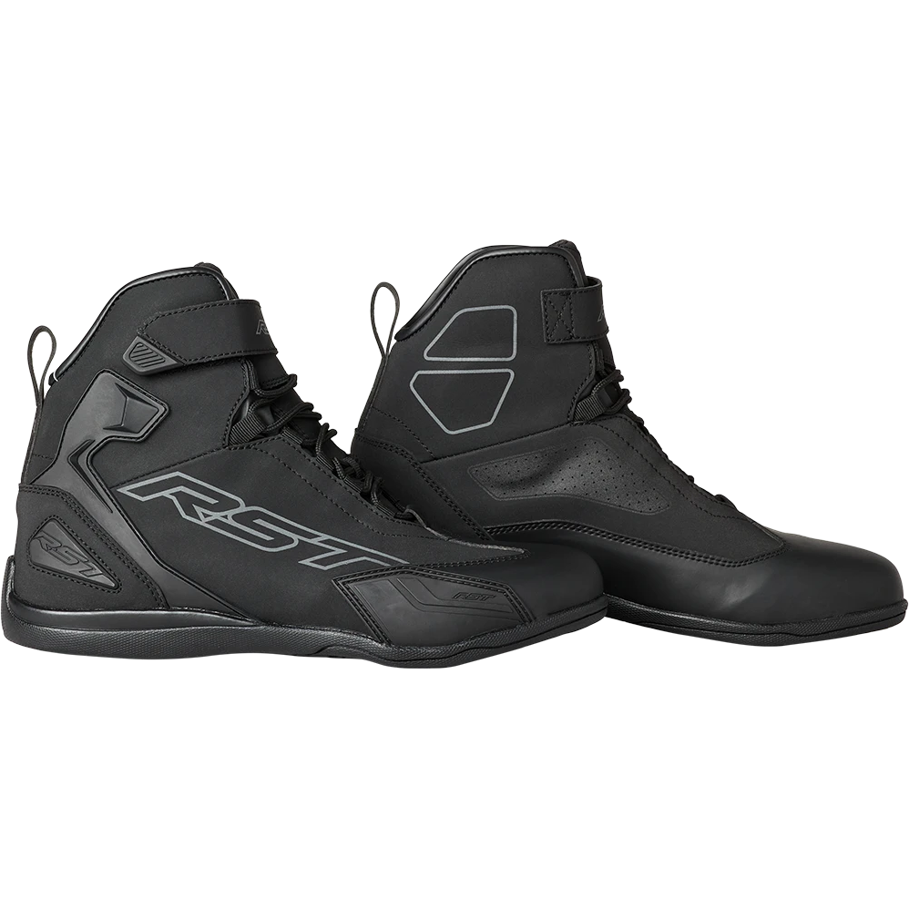Pair of black high-top shoes with a brand logo on a white background