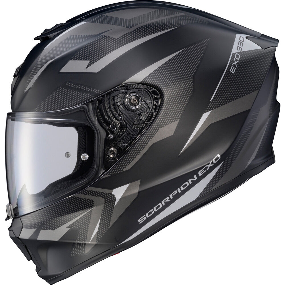 A black and gray full-face motorcycle helmet with a clear visor, featuring the 'SCORPION EXO' and 'EXO 330' branding on a clean white background.