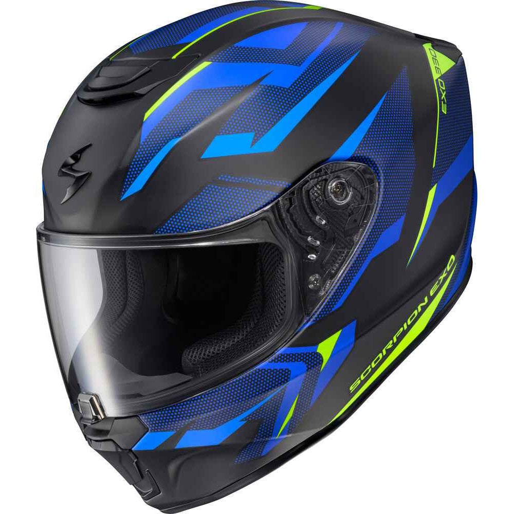 A full-face motorcycle helmet in matte black with vibrant blue and neon yellow-green graphic stripes, featuring a clear visor and the Scorpion EXO branding.