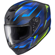 A full-face motorcycle helmet in matte black with vibrant blue and neon yellow-green graphic stripes, featuring a clear visor and the Scorpion EXO branding.