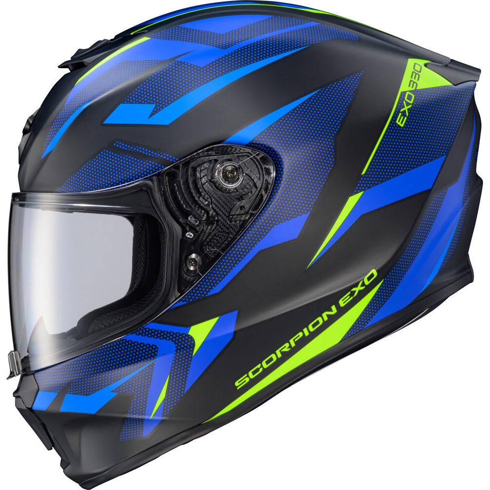 A full-face motorcycle helmet in matte black with vibrant blue and neon yellow-green graphic stripes, featuring a clear visor and the Scorpion EXO branding.