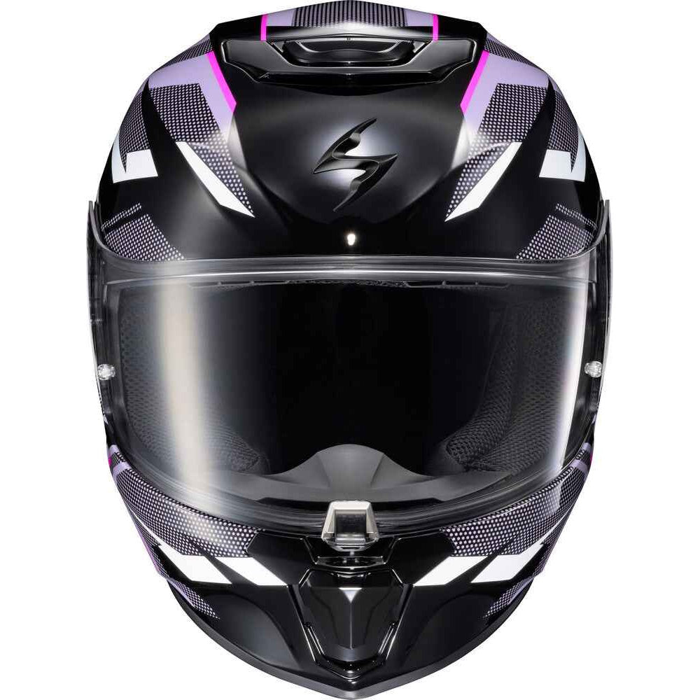 A full-face motorcycle helmet in glossy black with purple and white graphic accents, featuring a clear visor, shown against a plain white background.