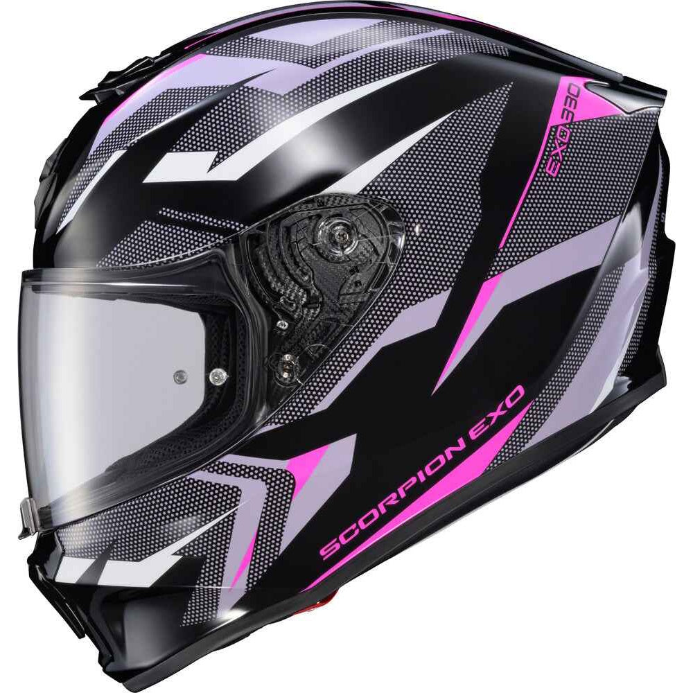 A full-face motorcycle helmet in black with pink and white graphic patterns, featuring a clear visor and the 'SCORPION EXO' branding on the side.