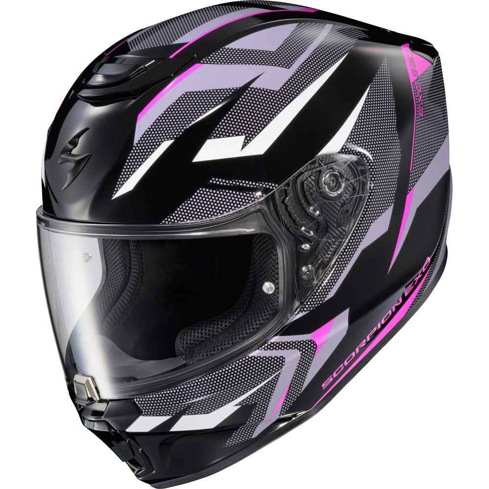 A full-face motorcycle helmet in glossy black with geometric graphic patterns in white and pink, featuring a clear visor and the brand name 'SCORPION' printed on the side.