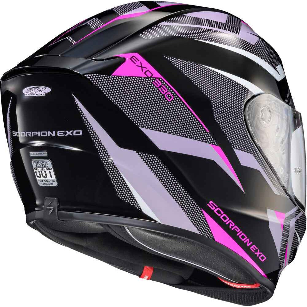 Scorpion EXO motorcycle helmet with black, pink, and gray design on a white background