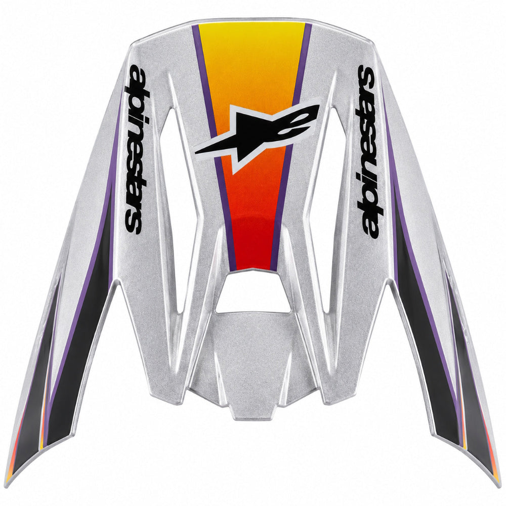 Motorcycle peak visor with colorful design and 'Alpinestars' branding on a white background
