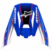 Blue motorcycle Peak Visor with red and white accents and Alpinestars logo on a white background