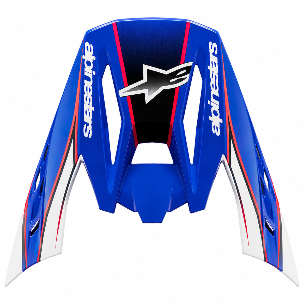 Blue motorcycle Peak Visor with red and white accents and Alpinestars logo on a white background