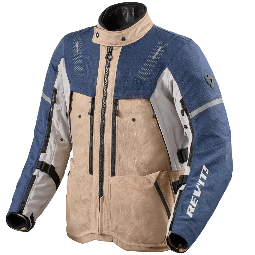 Blue and beige motorcycle jacket with REV'IT branding on a white background