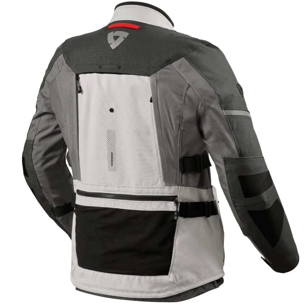 Gray and black motorcycle jacket with reflective elements on a white background