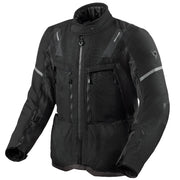 Black motorcycle jacket with reflective stripes on a white background