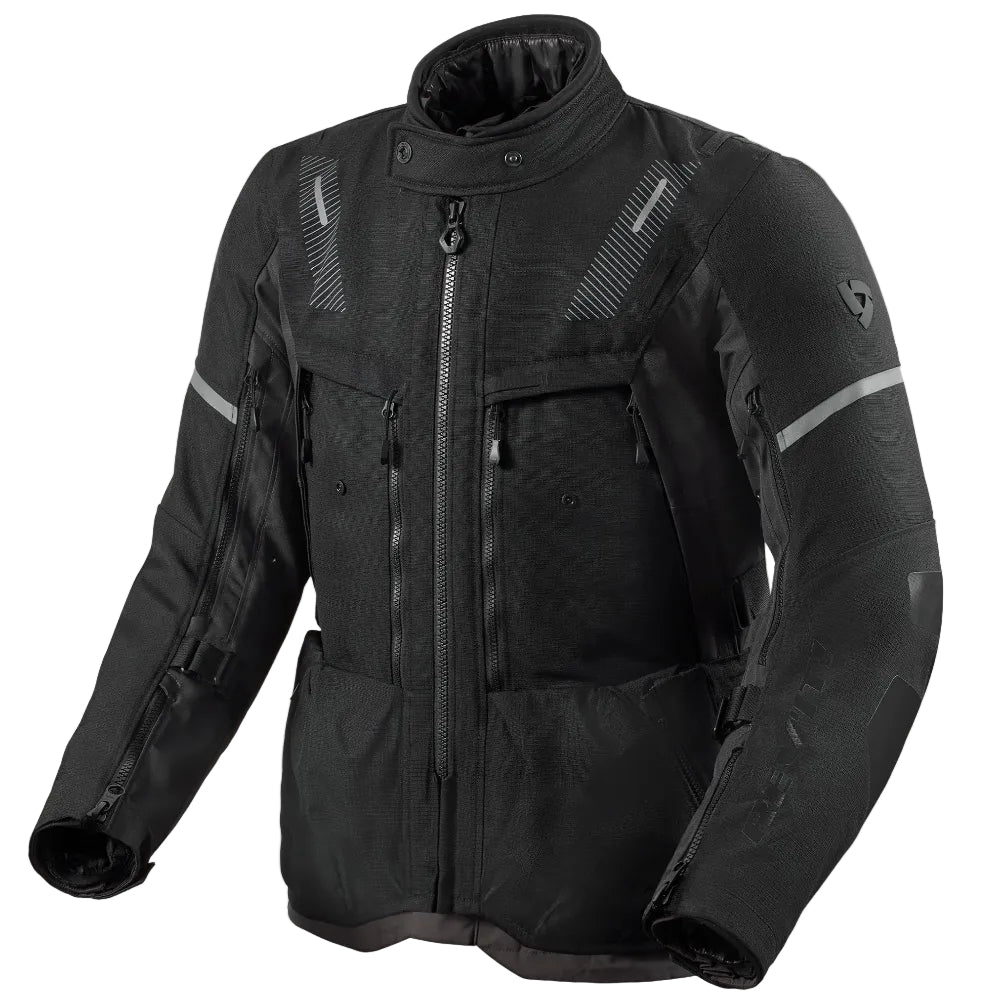 Black motorcycle jacket with reflective stripes on a white background