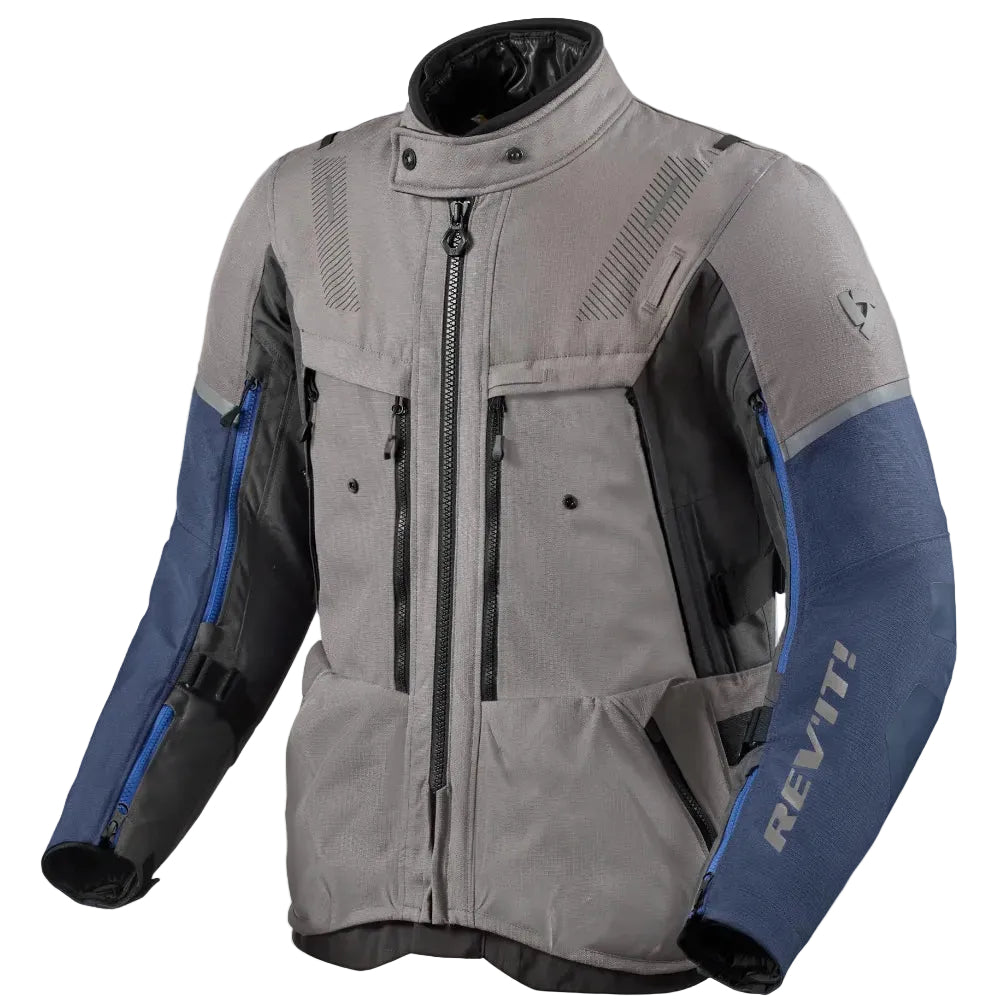Gray and blue motorcycle jacket with 'Rev'it' branding on a white background