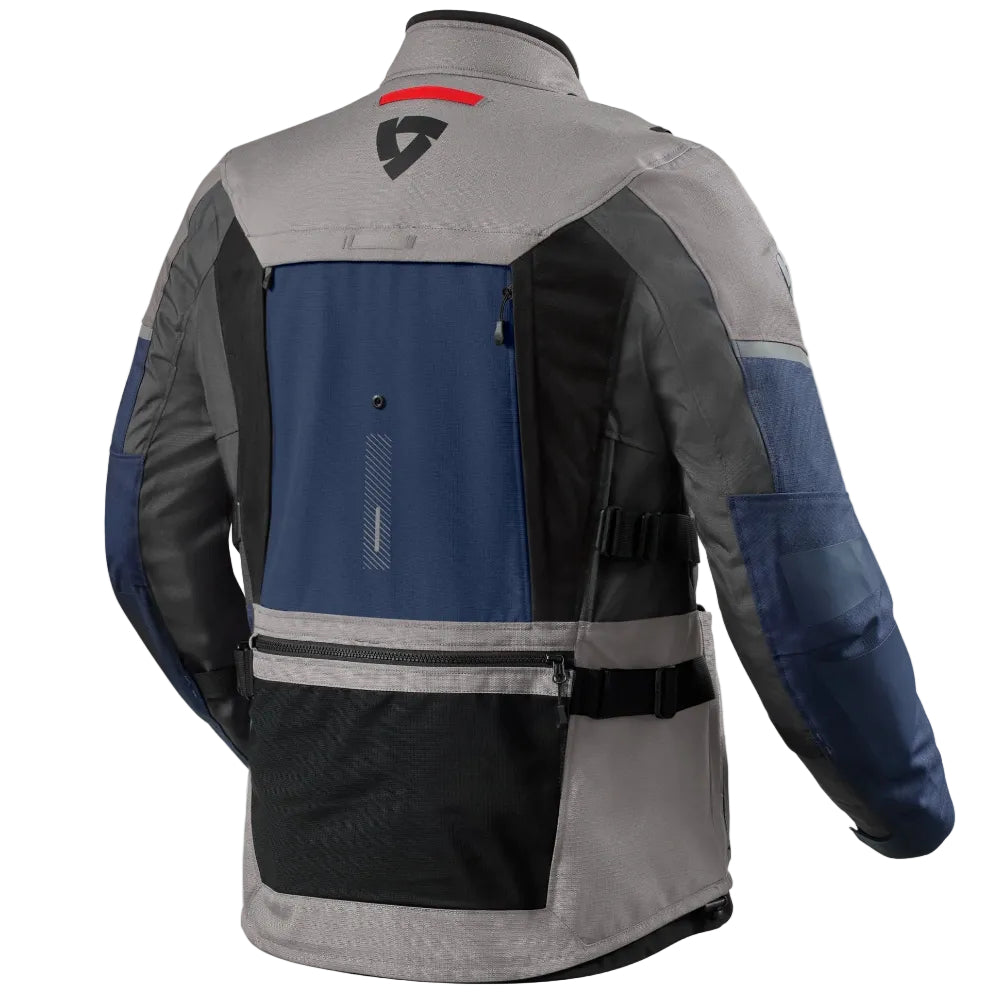 Back view of a multi-colored jacket with a brand logo on a white background