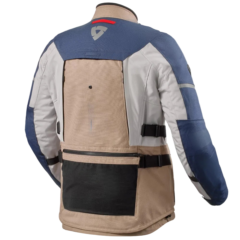 Back view of a multi-colored jacket on a white background