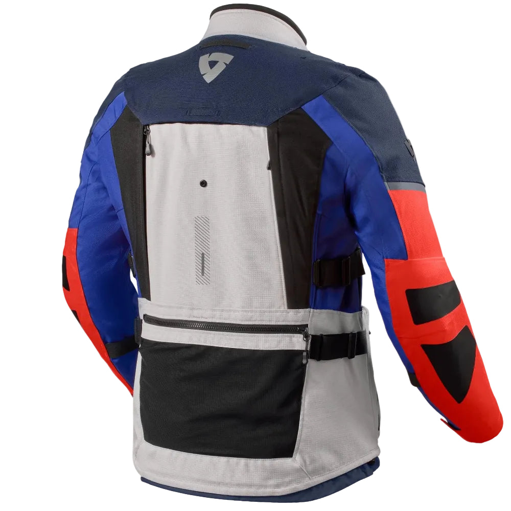 Multicolored jacket with blue, red, and gray colors on a white background