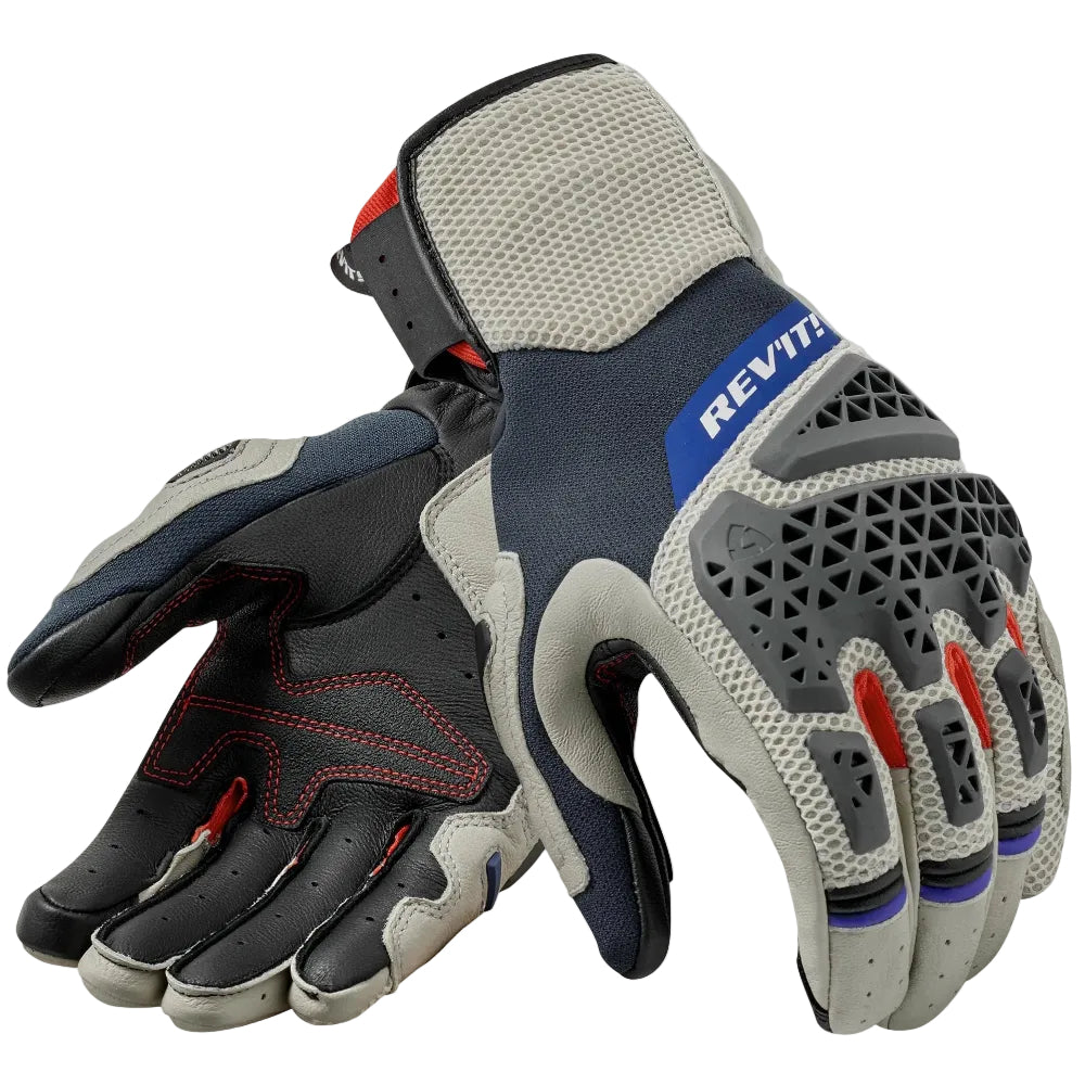 Pair of gray and black gloves with 'Rev' logo on a white background