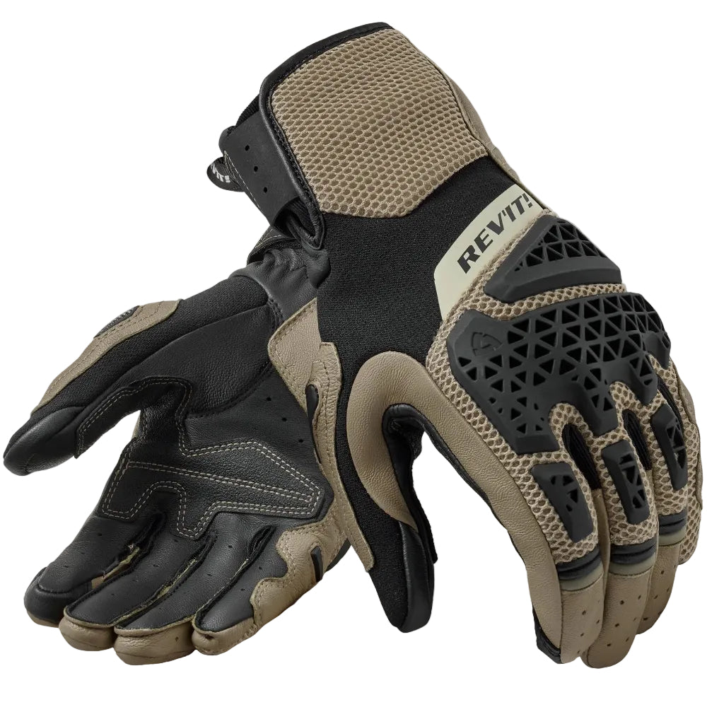 Pair of black and brown gloves with 'Rev' branding on a white background